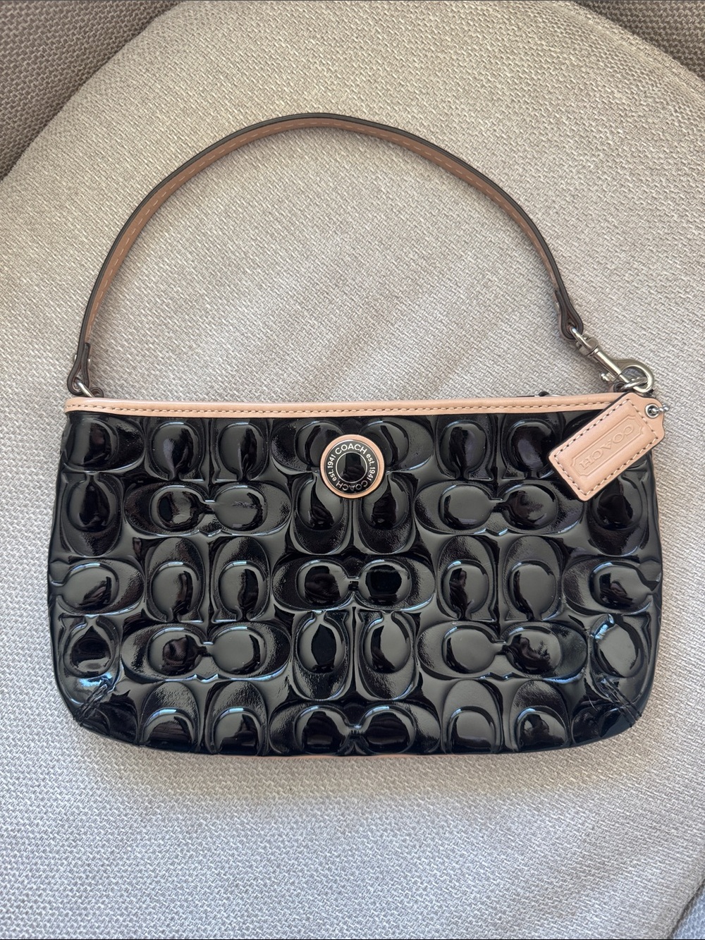 Coach Signature Embossed Black Patent Leather Convertible Wristlet Pouch